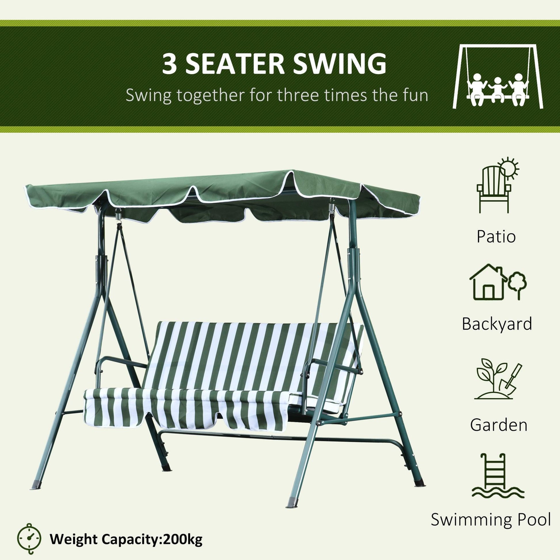 Outsunny Green 3-Seater Swing Chair with Canopy - ALL4U RETAILER LTD