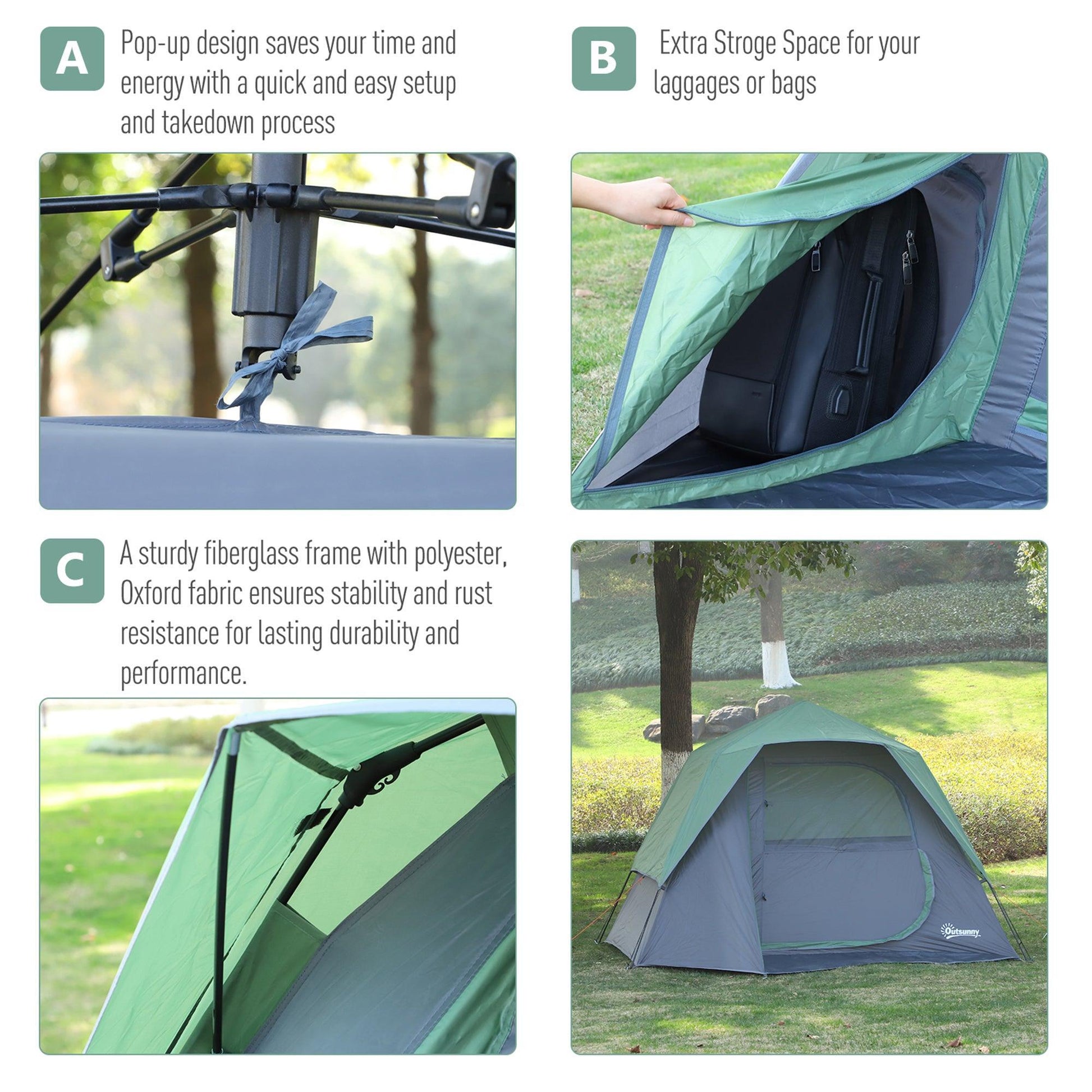 Outsunny Green 4-Person Lightweight Camping Tent - ALL4U RETAILER LTD