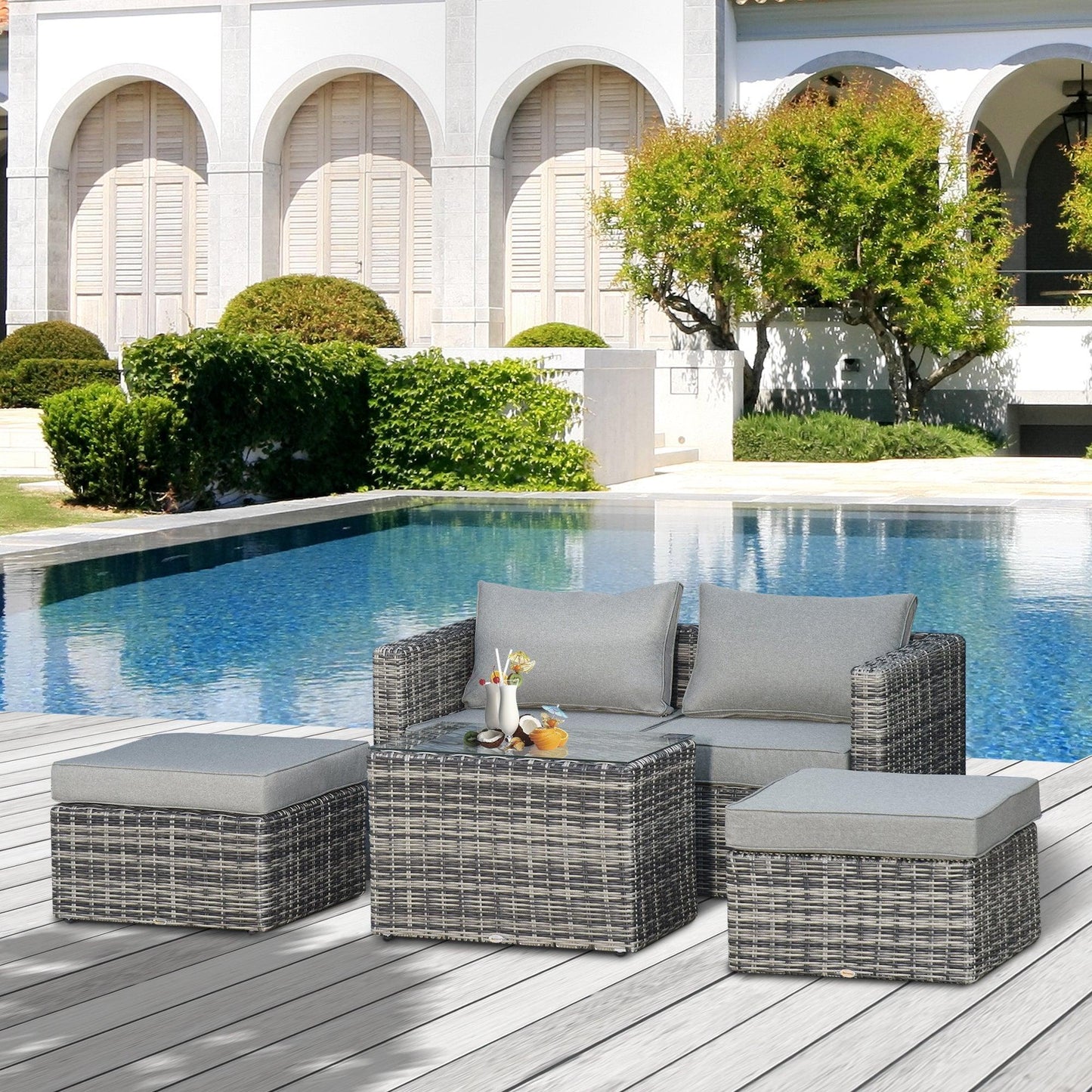 Outsunny Grey 2-Seater Rattan Garden Set, Glass-Top Table, Sofa - ALL4U RETAILER LTD