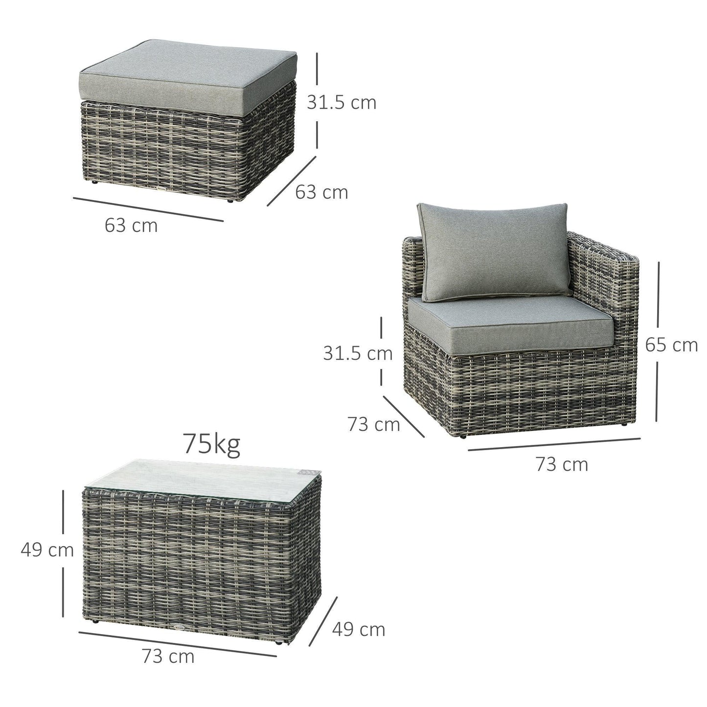 Outsunny Grey 2-Seater Rattan Garden Set, Glass-Top Table, Sofa - ALL4U RETAILER LTD