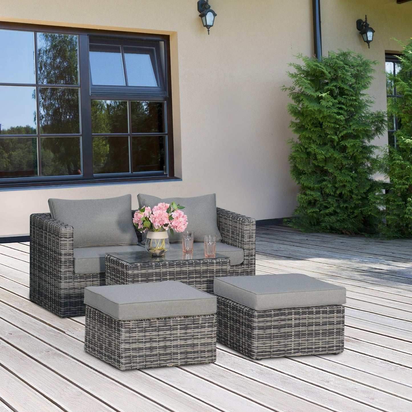 Outsunny Grey 2-Seater Rattan Garden Set, Glass-Top Table, Sofa - ALL4U RETAILER LTD