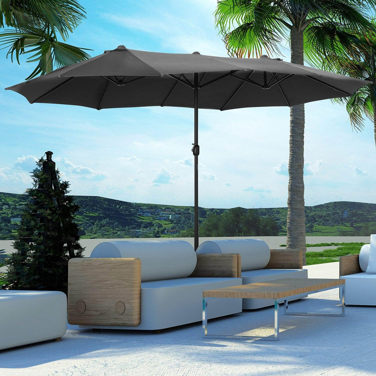 Grey double-sided patio sun umbrella with large canopy and center pole