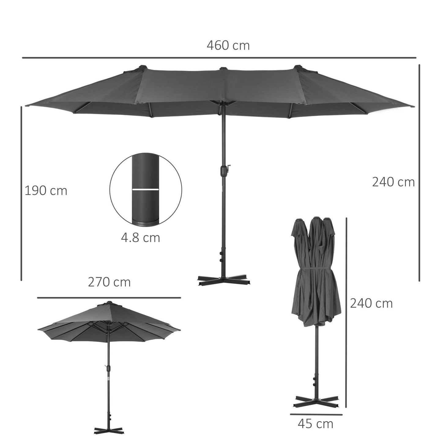 Outsunny Grey Double-Sided Sun Umbrella – 4.6m - ALL4U RETAILER LTD