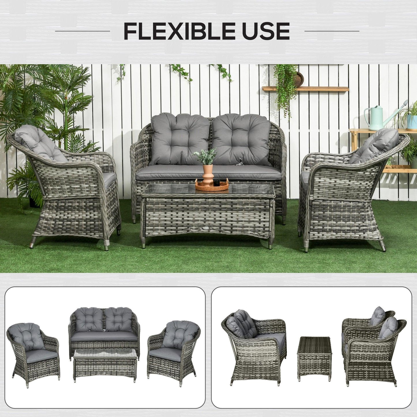 Outsunny Grey Outdoor Sofa Set with Coffee Table - 4 Piece - ALL4U RETAILER LTD