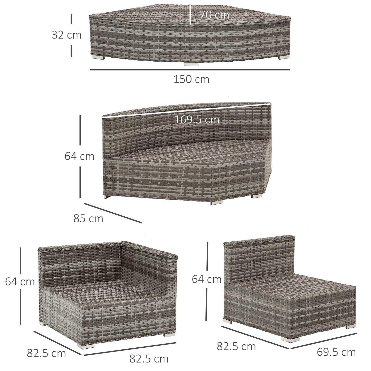 Outsunny Grey Patio Sofa Set with Cushions - 6 Seater - ALL4U RETAILER LTD