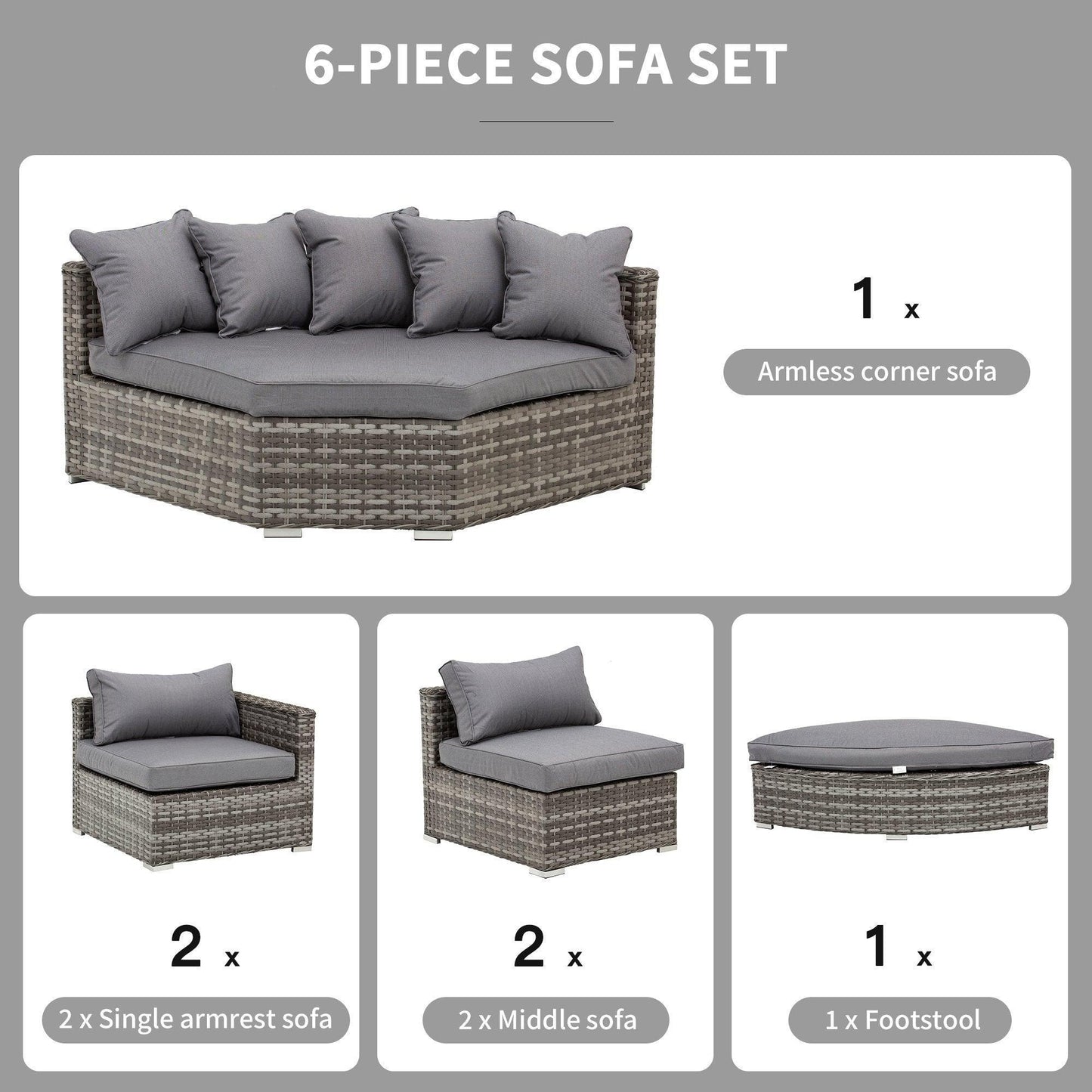 Outsunny Grey Patio Sofa Set with Cushions - 6 Seater - ALL4U RETAILER LTD