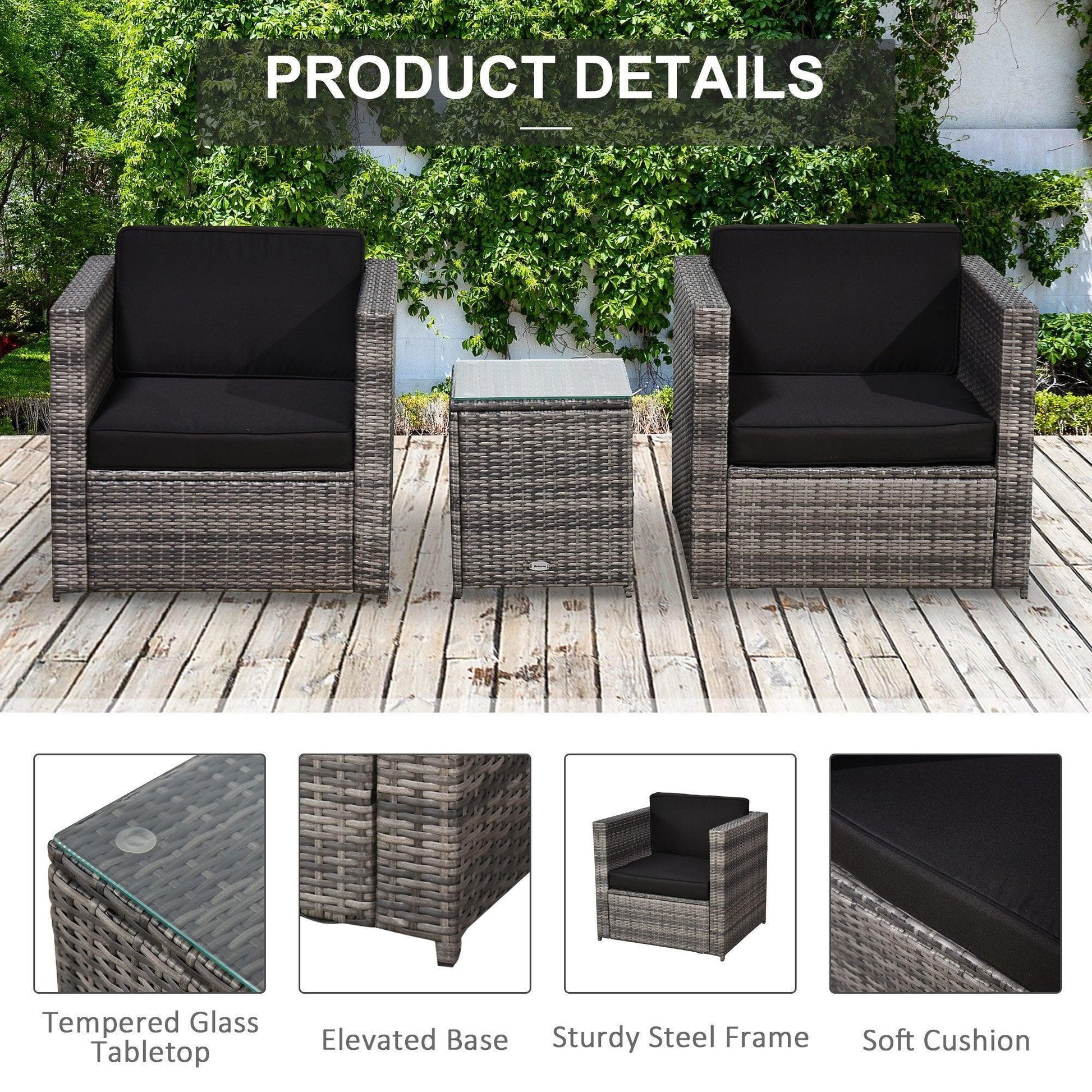 Outsunny Grey Rattan Garden Sofa Set - 2 Seater - ALL4U RETAILER LTD