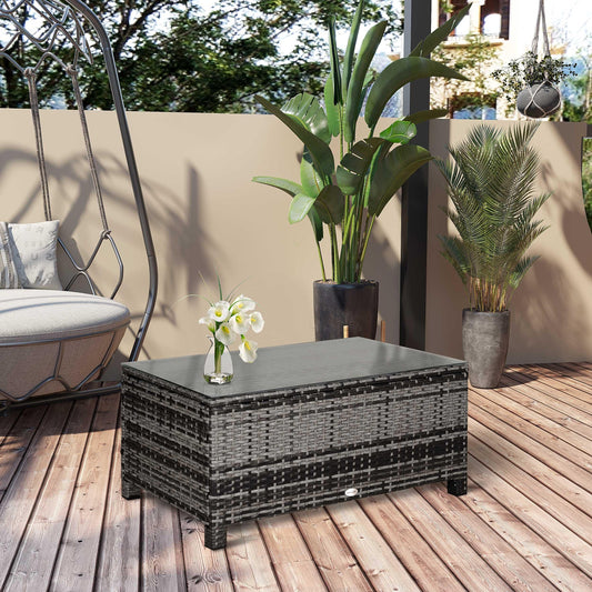 Outsunny Grey Rattan Patio Coffee Table with Glass Top - ALL4U RETAILER LTD