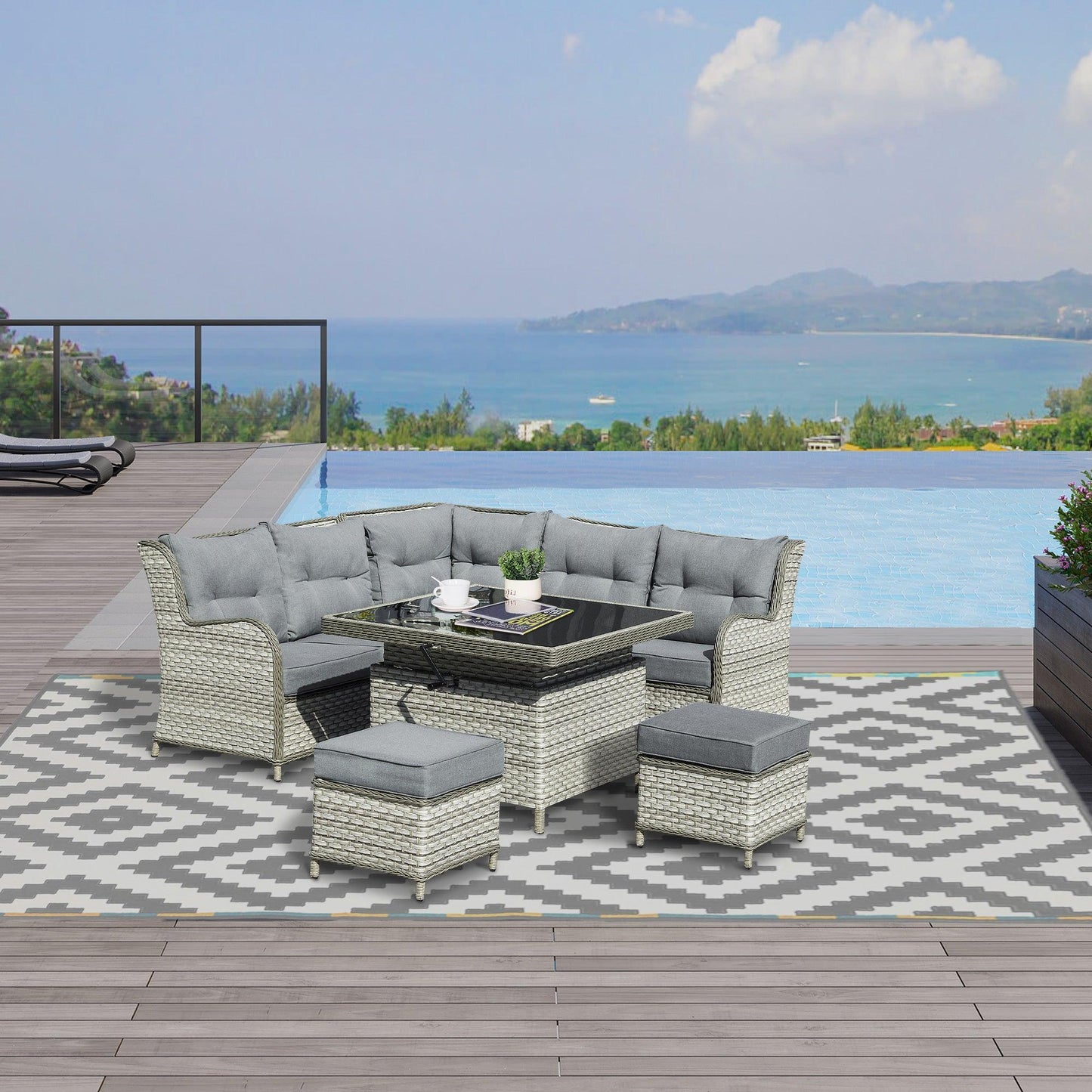 Outsunny Grey Rattan Sofa Set with Adjustable Table - ALL4U RETAILER LTD