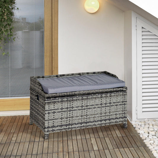 Outsunny Grey Rattan Storage Bench with Cushion - ALL4U RETAILER LTD