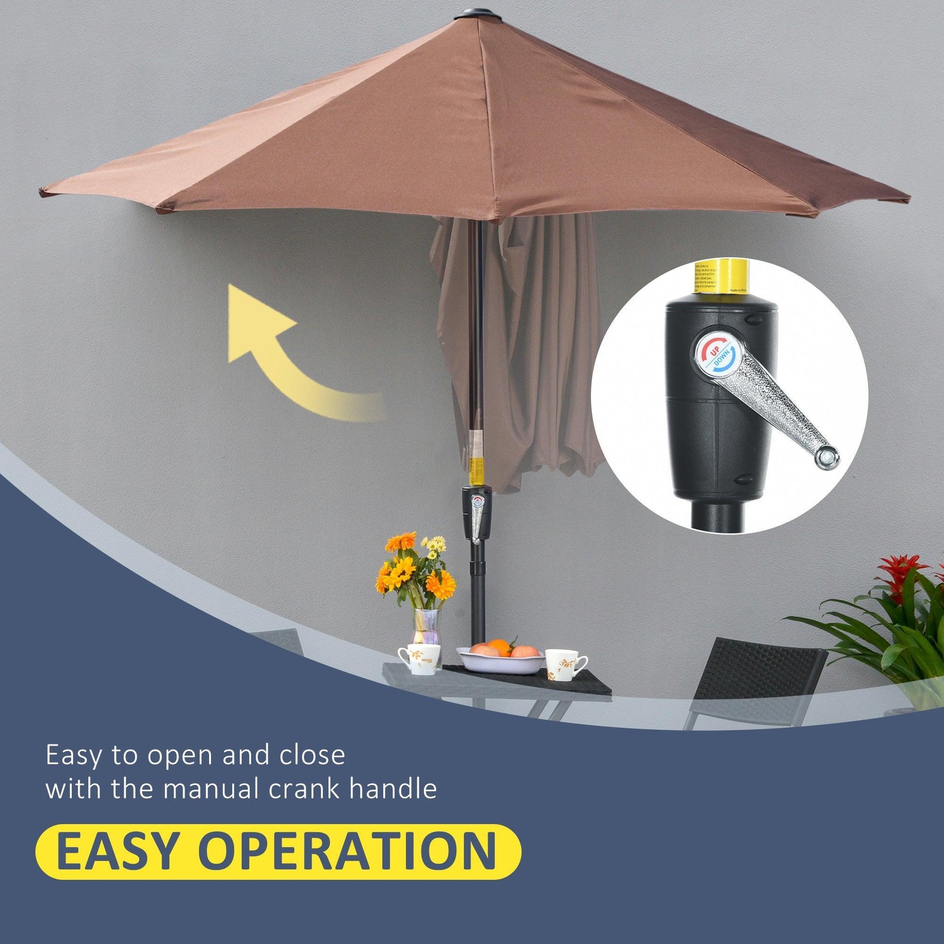 Outsunny Half Parasol - Crank Handle, Double-Sided Canopy - ALL4U RETAILER LTD