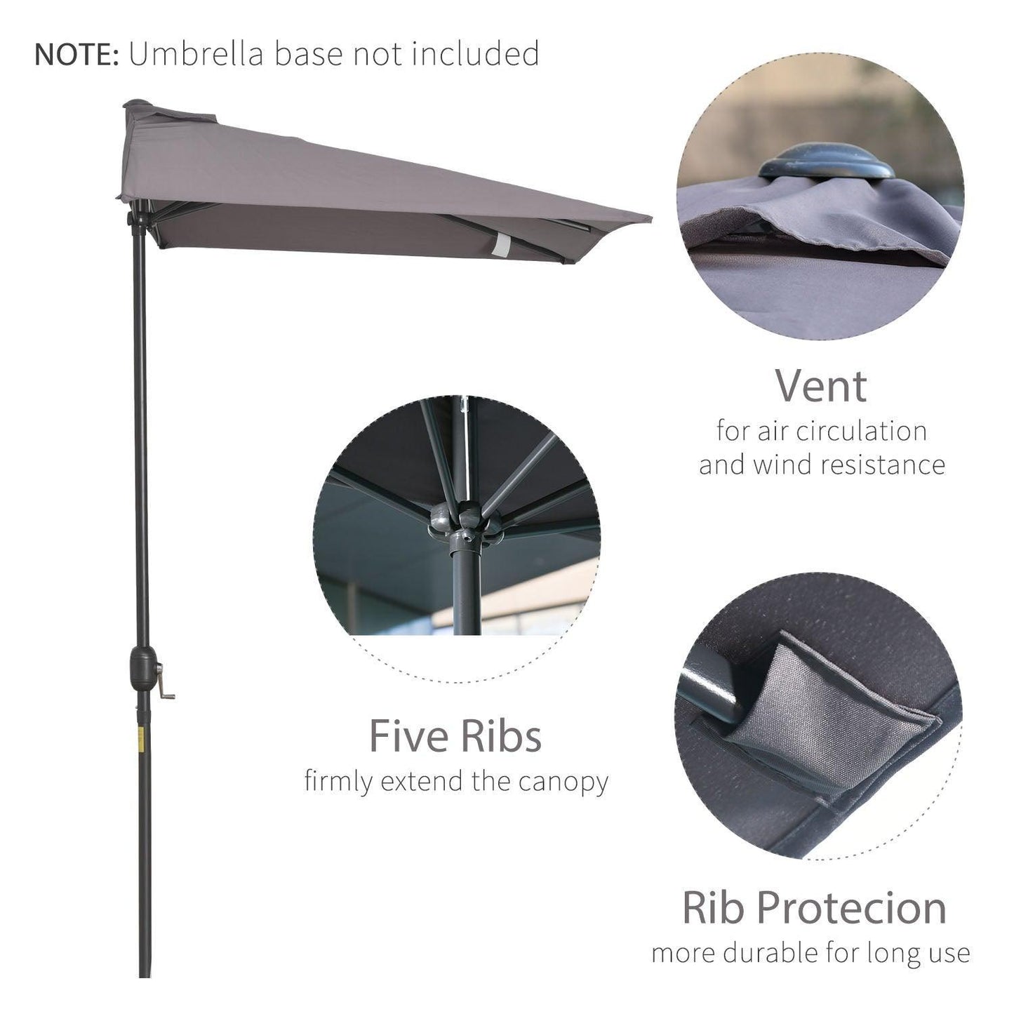 Outsunny Half Parasol Umbrella - 2.3m, Grey - ALL4U RETAILER LTD