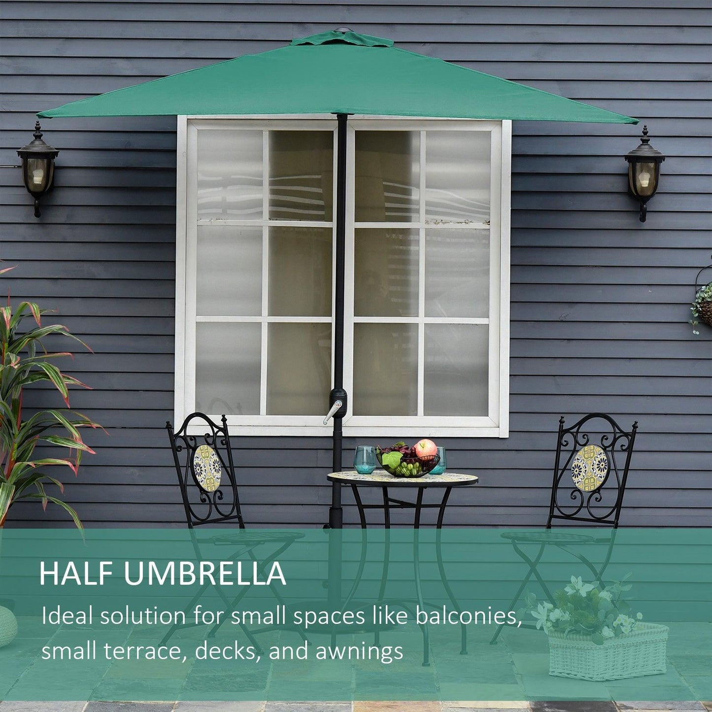 Outsunny Half Parasol Umbrella Crank Handle 2.3m Green - ALL4U RETAILER LTD