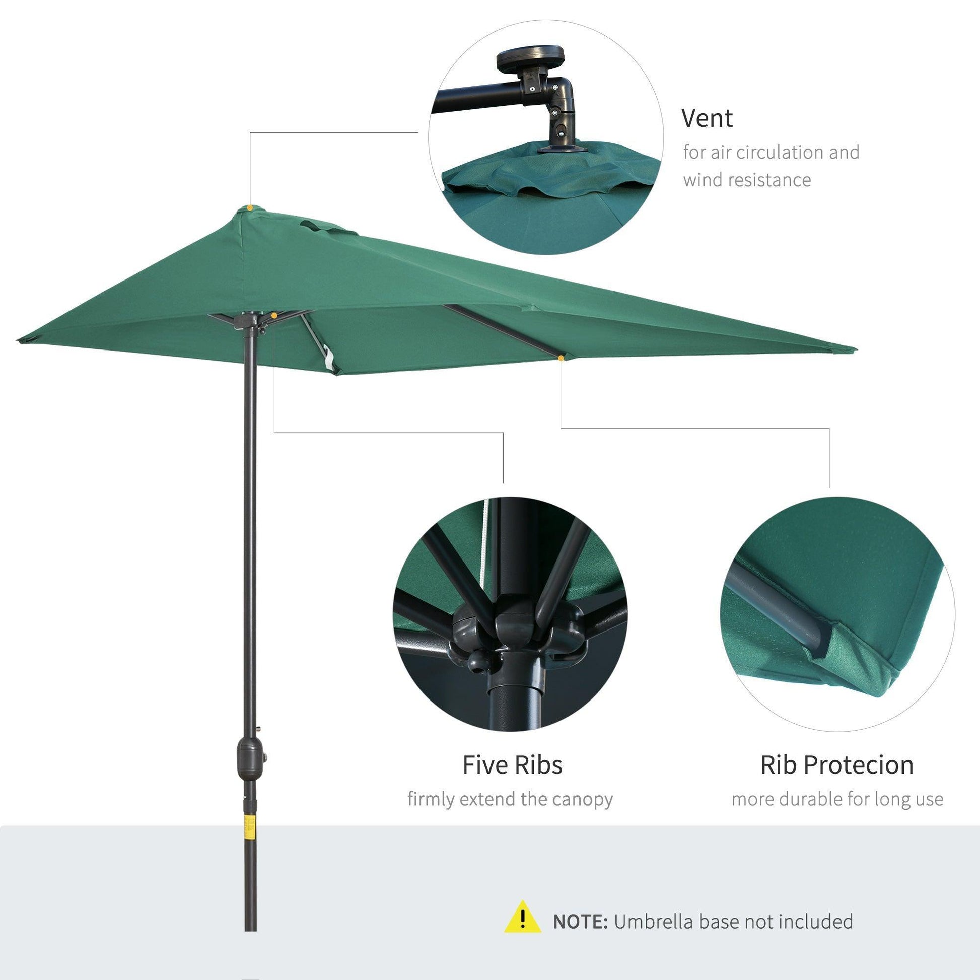 Outsunny Half Parasol Umbrella Crank Handle 2.3m Green - ALL4U RETAILER LTD