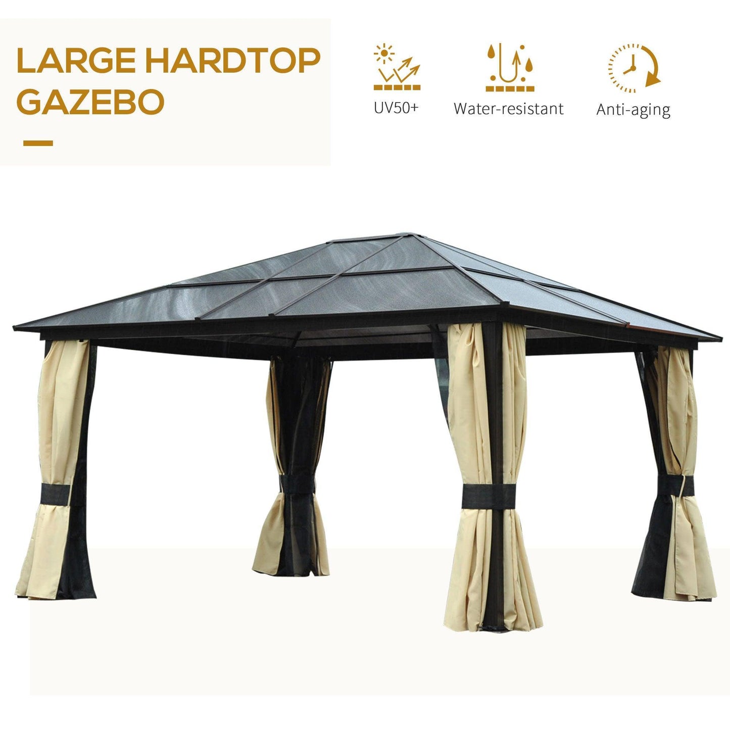 Outsunny Hardtop Gazebo Canopy - Polycarbonate Roof, Mosquito Netting - ALL4U RETAILER LTD