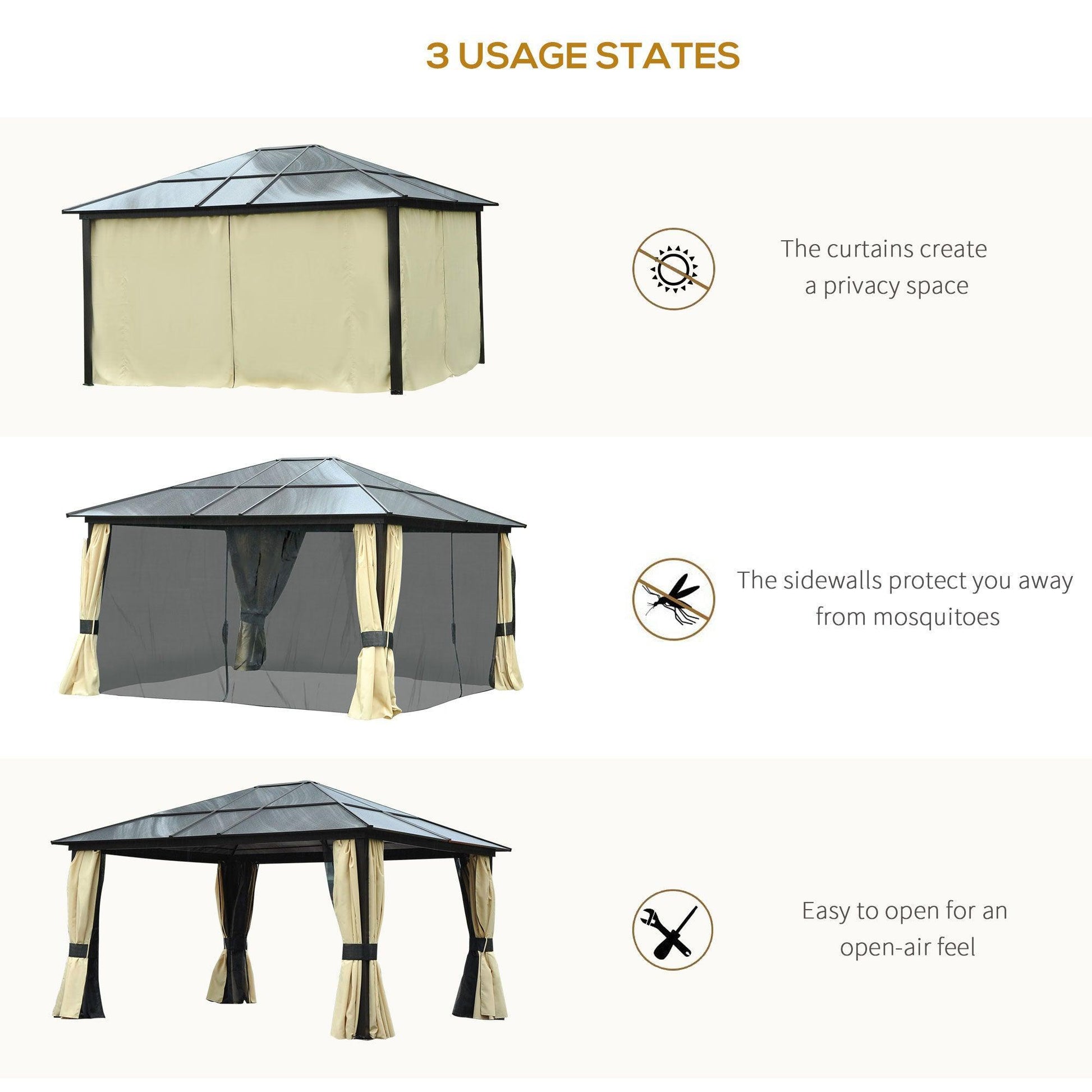 Outsunny Hardtop Gazebo Canopy - Polycarbonate Roof, Mosquito Netting - ALL4U RETAILER LTD