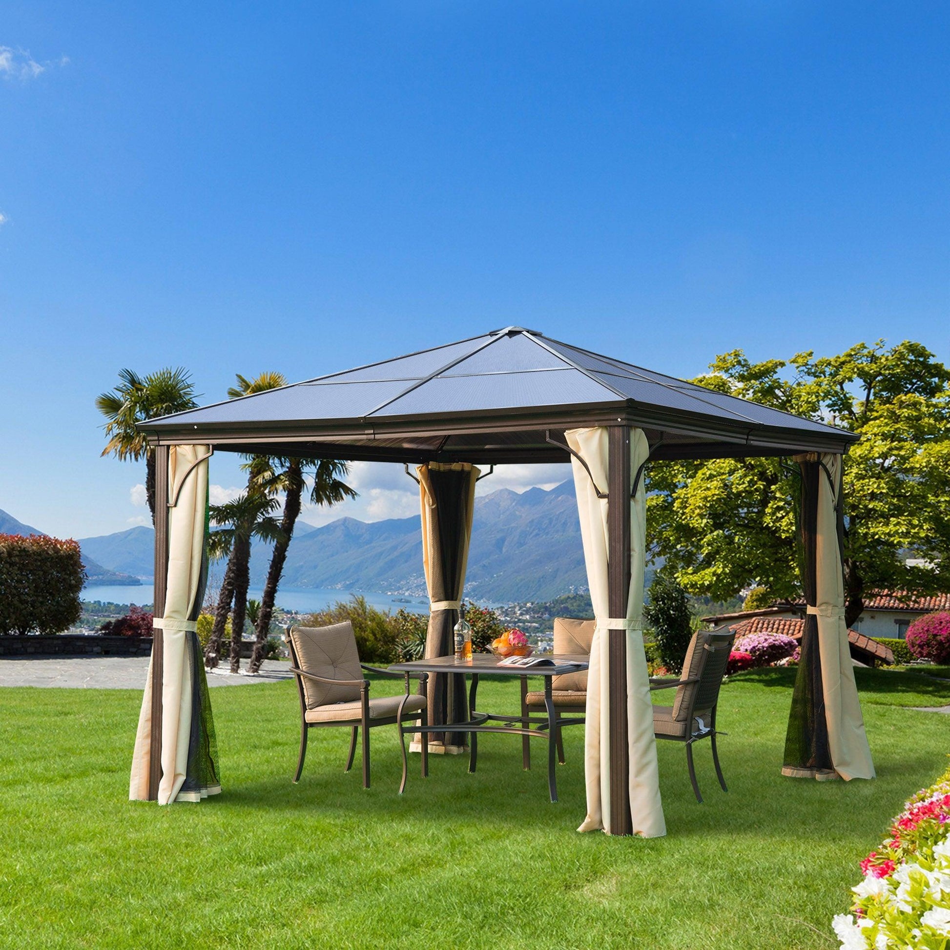 Outsunny Hardtop Gazebo Canopy with Mosquito Netting - Brown - ALL4U RETAILER LTD