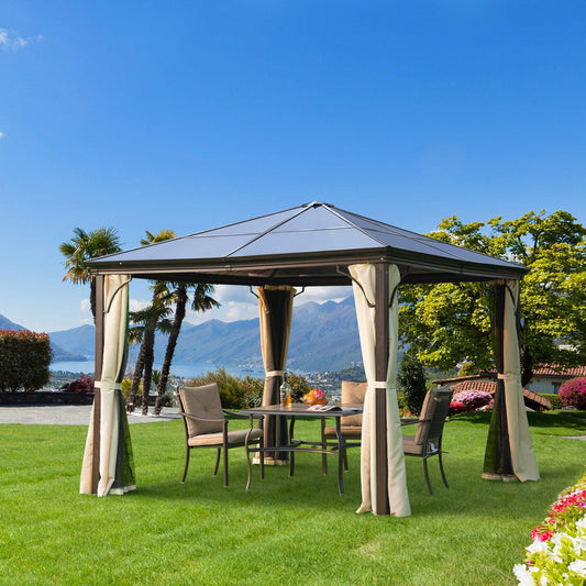 Outsunny Hardtop Gazebo Canopy with Mosquito Netting - Brown - ALL4U RETAILER LTD