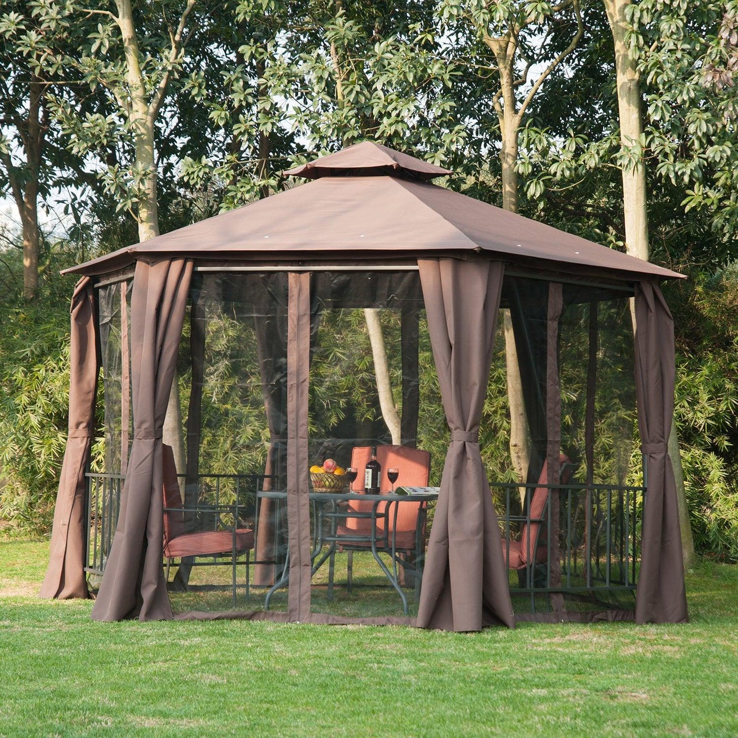 Outsunny Hexagon Gazebo Canopy - Brown - ALL4U RETAILER LTD