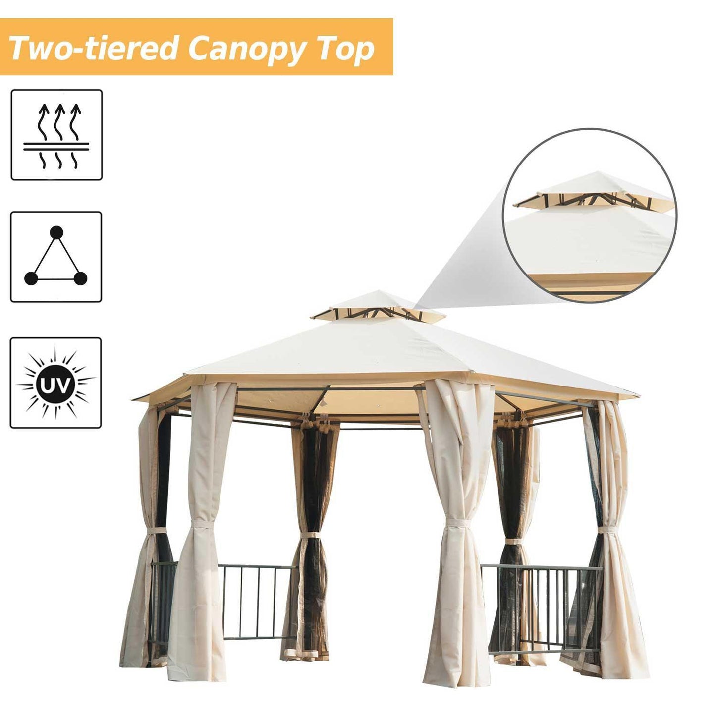 Outsunny Hexagon Outdoor Gazebo Canopy - Beige - ALL4U RETAILER LTD