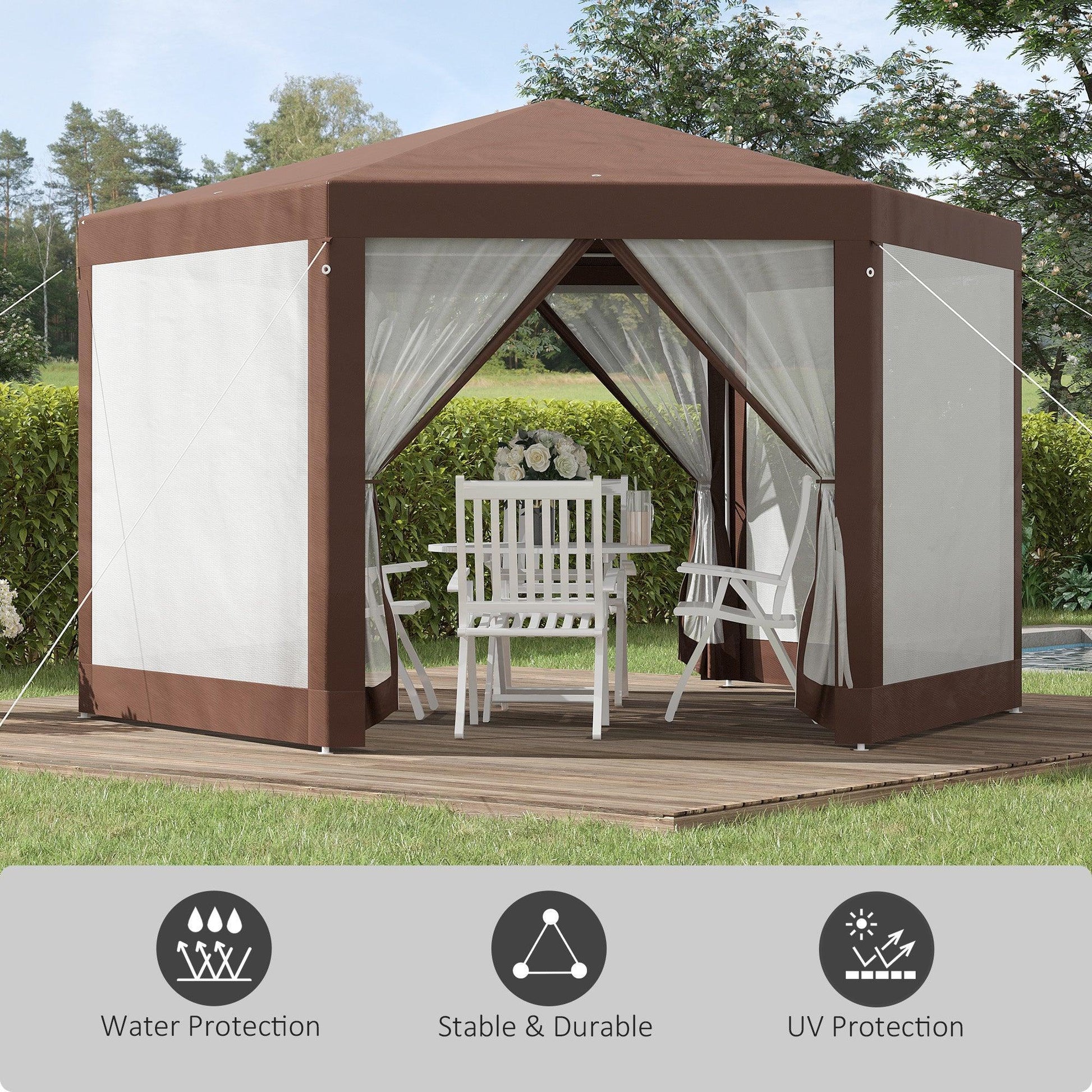 Outsunny Hexagonal Outdoor Gazebo with Mosquito Net - Brown - ALL4U RETAILER LTD