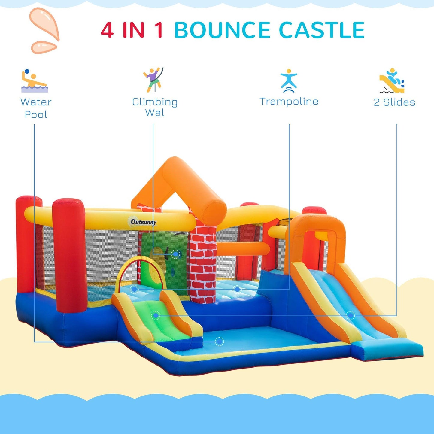 Outsunny Kids Bounce Castle - Double Slides, Trampoline, Climbing Wall - ALL4U RETAILER LTD