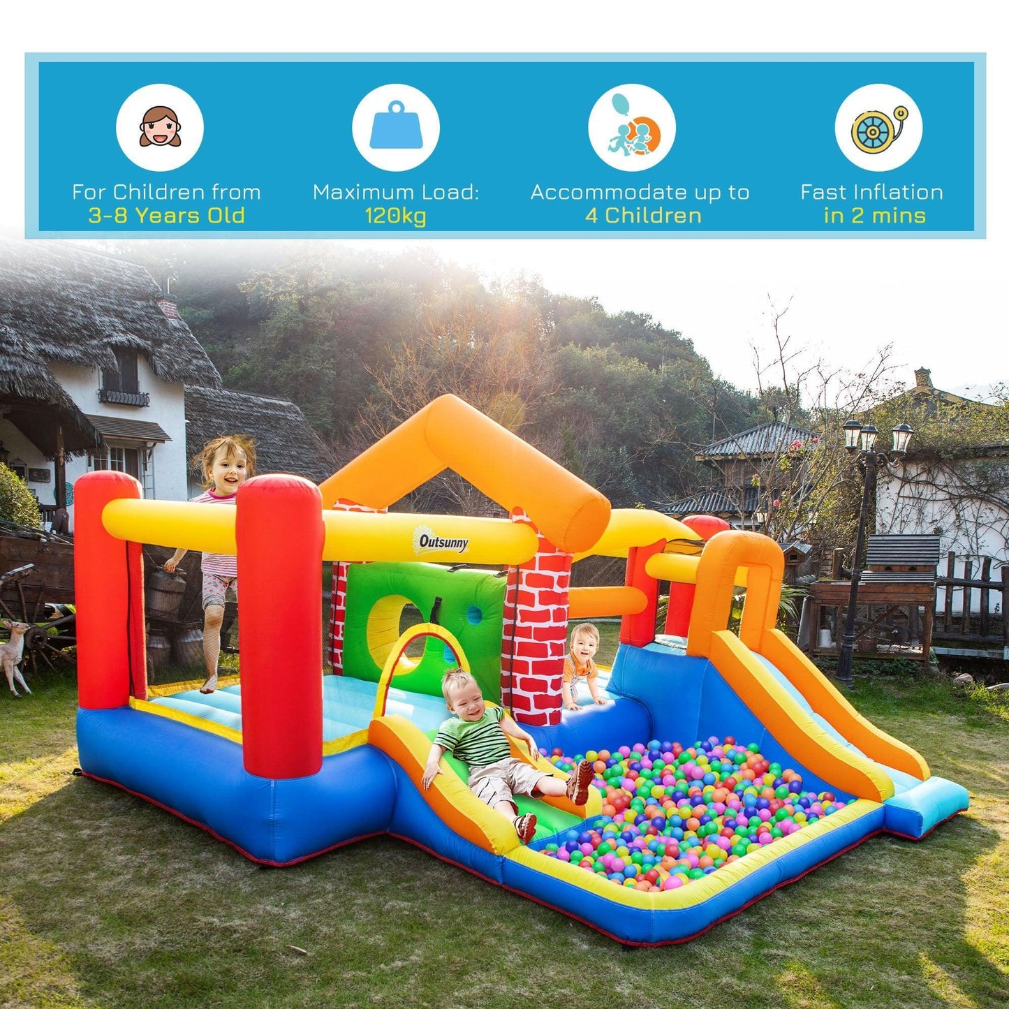 Outsunny Kids Bounce Castle - Double Slides, Trampoline, Climbing Wall - ALL4U RETAILER LTD