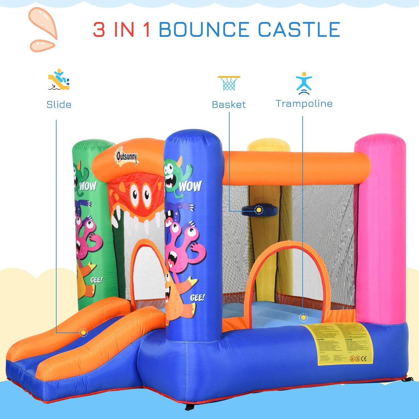 Outsunny Kids Bounce Castle House Trampoline Slide - Monster Design - ALL4U RETAILER LTD