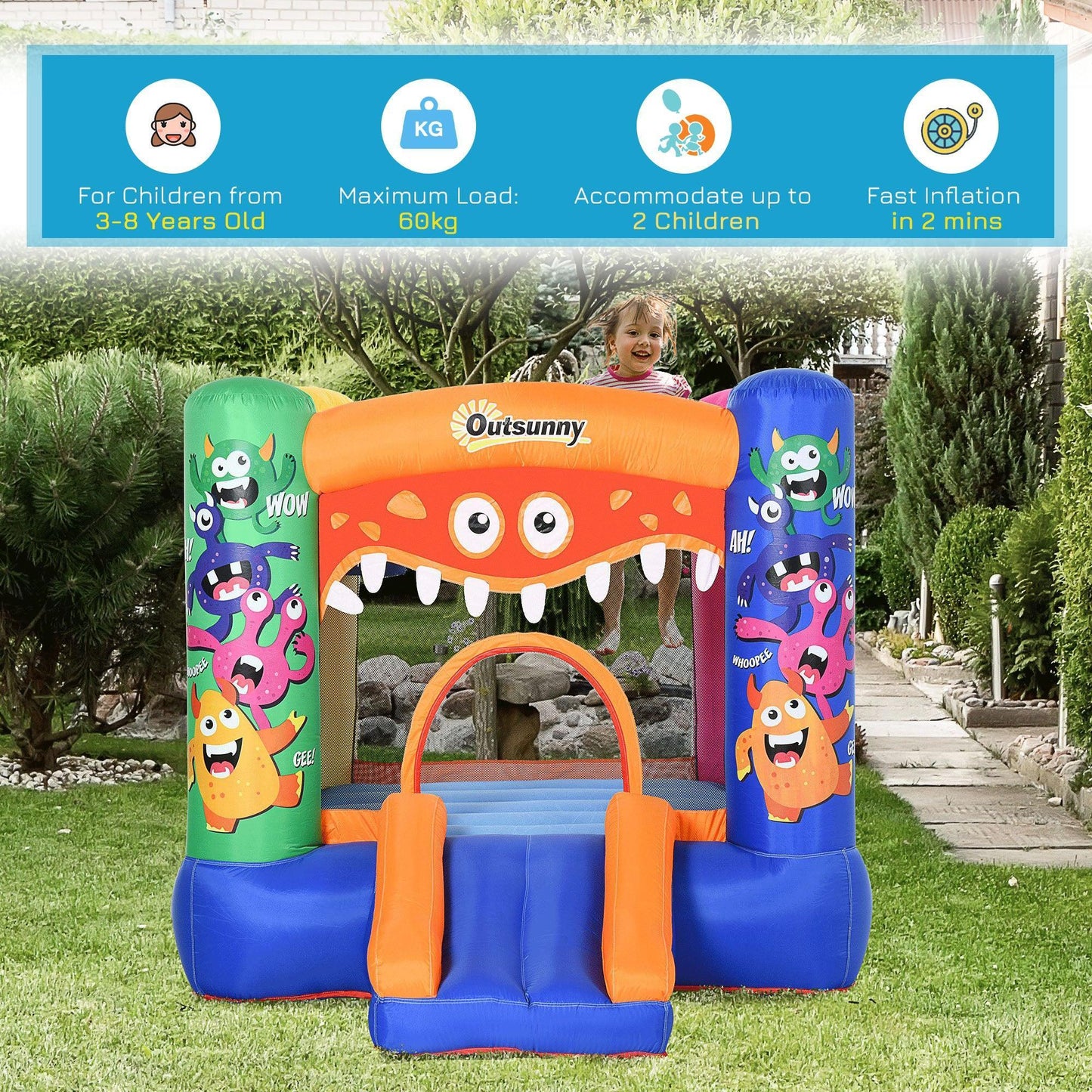 Outsunny Kids Bounce Castle House Trampoline Slide - Monster Design - ALL4U RETAILER LTD