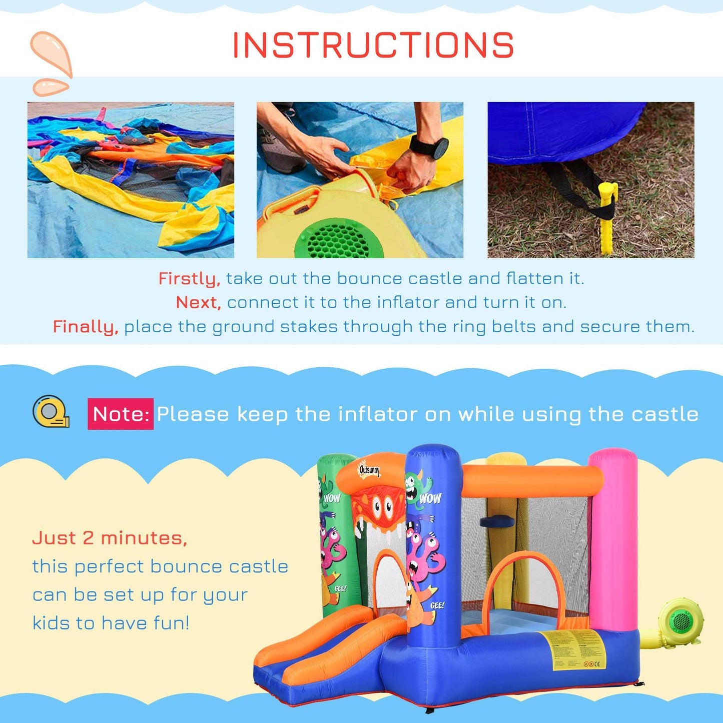 Outsunny Kids Bounce Castle House Trampoline Slide - Monster Design - ALL4U RETAILER LTD