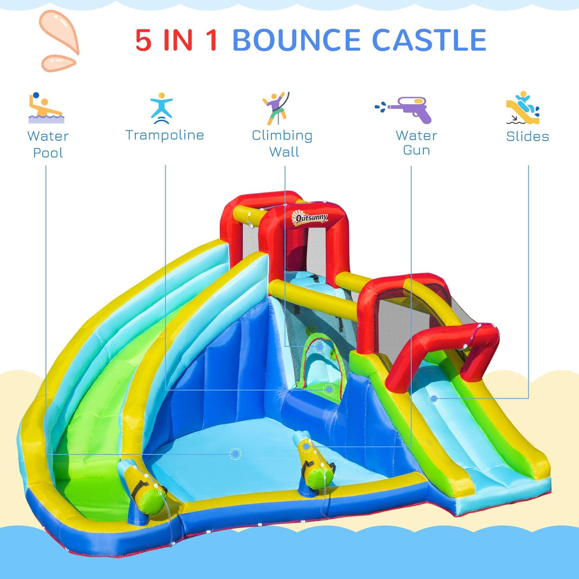 Outsunny Kids Bounce Castle with Trampoline, Slide, and Pool - ALL4U RETAILER LTD