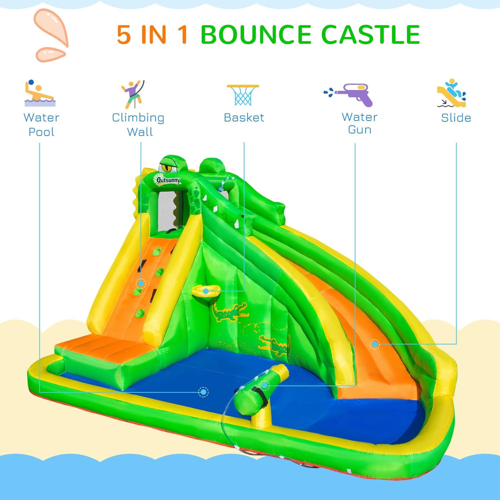 Outsunny Kids Crocodile Inflatable Bouncy Castle with Slide & Pool - ALL4U RETAILER LTD