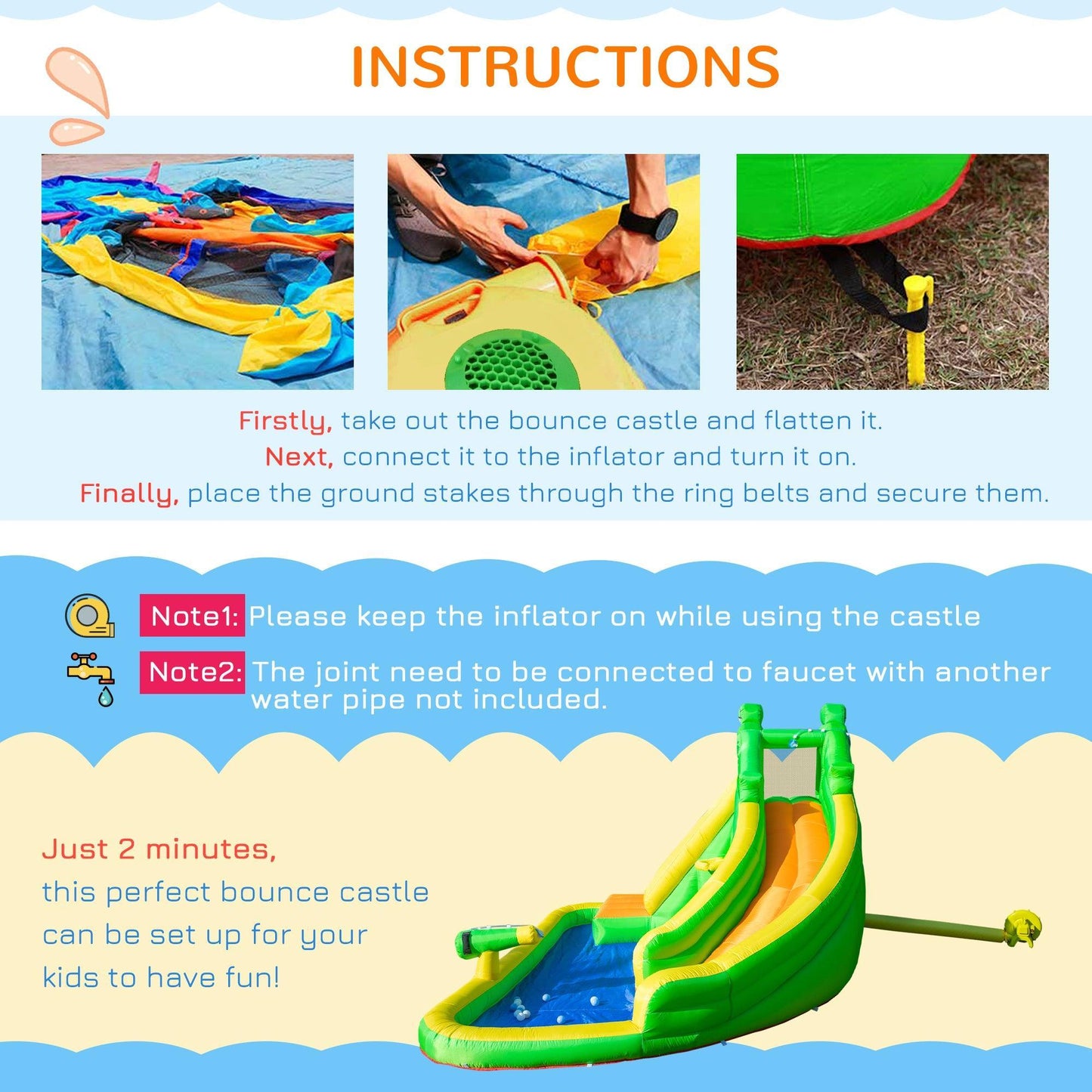 Outsunny Kids Crocodile Inflatable Bouncy Castle with Slide & Pool - ALL4U RETAILER LTD