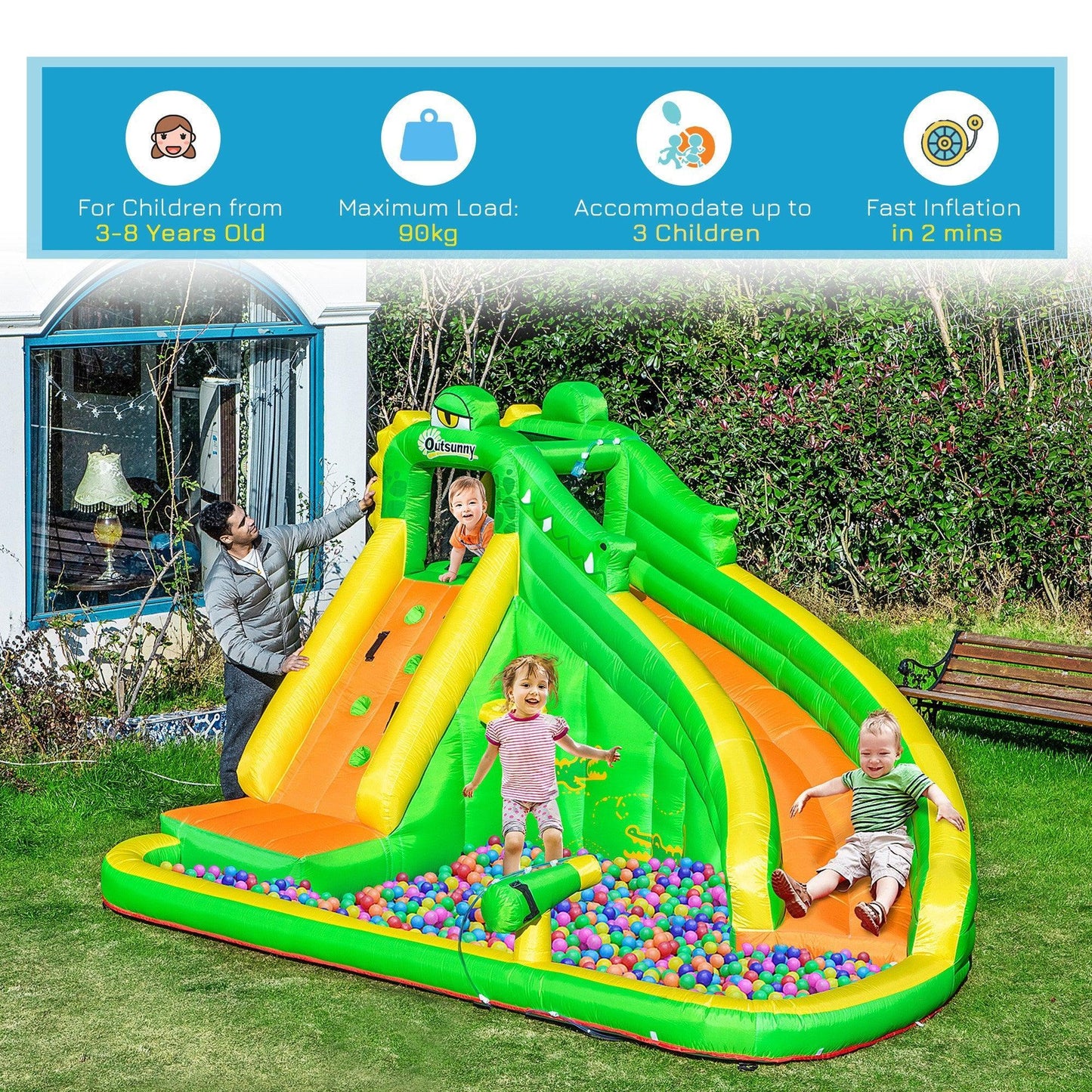 Outsunny Kids Crocodile Inflatable Bouncy Castle with Slide & Pool - ALL4U RETAILER LTD