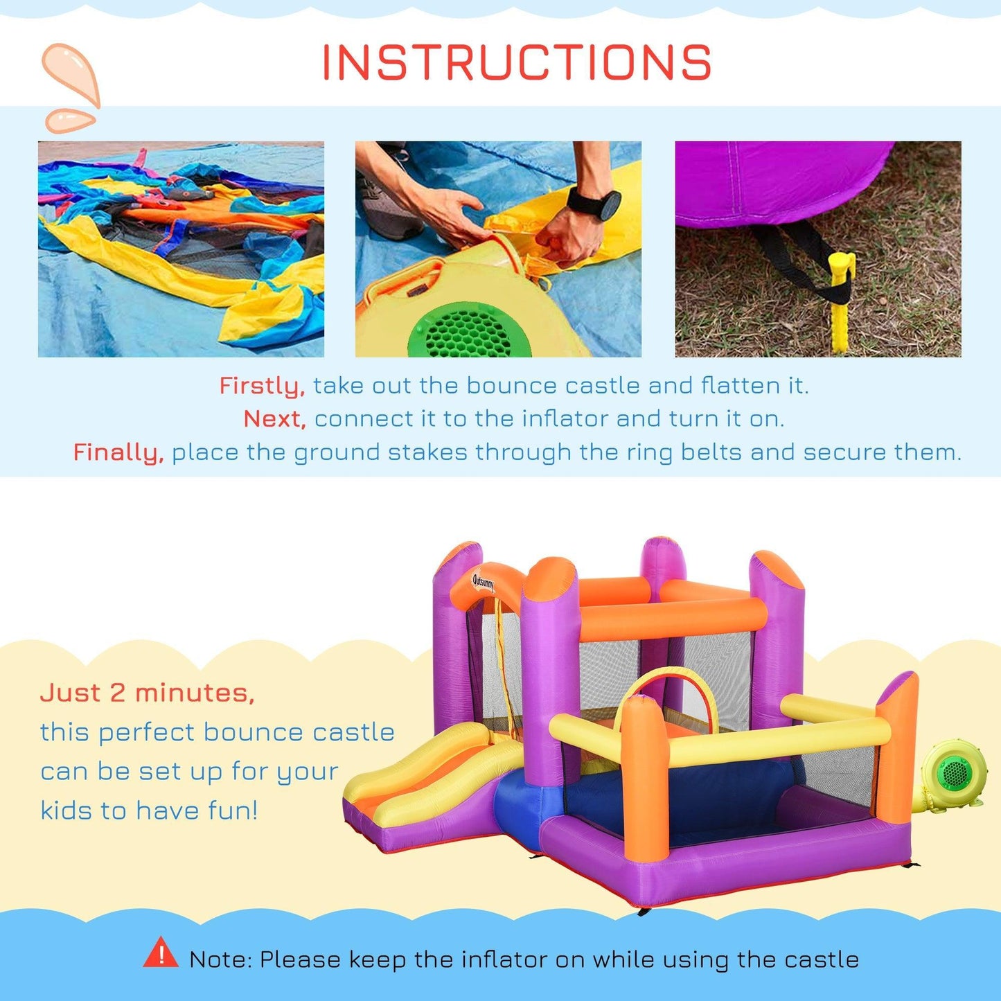 Outsunny Kids Inflatable 3-in-1 Bounce Castle with Slide - ALL4U RETAILER LTD