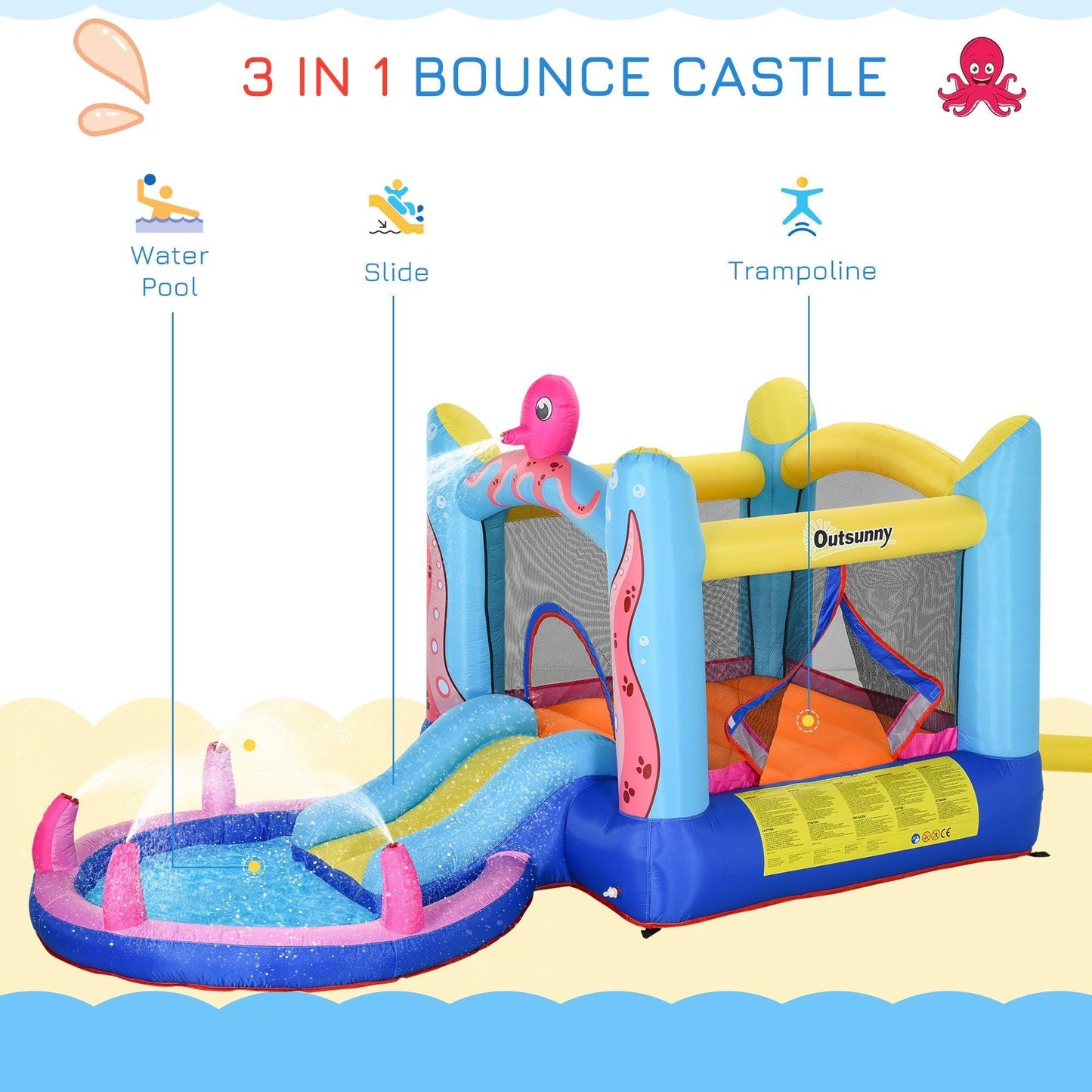 Outsunny Kids Inflatable Bounce Castle & Water Slide - Octopus Design - ALL4U RETAILER LTD