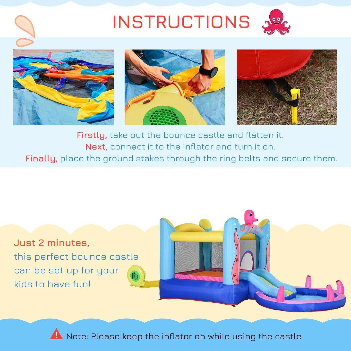 Outsunny Kids Inflatable Bounce Castle & Water Slide - Octopus Design - ALL4U RETAILER LTD