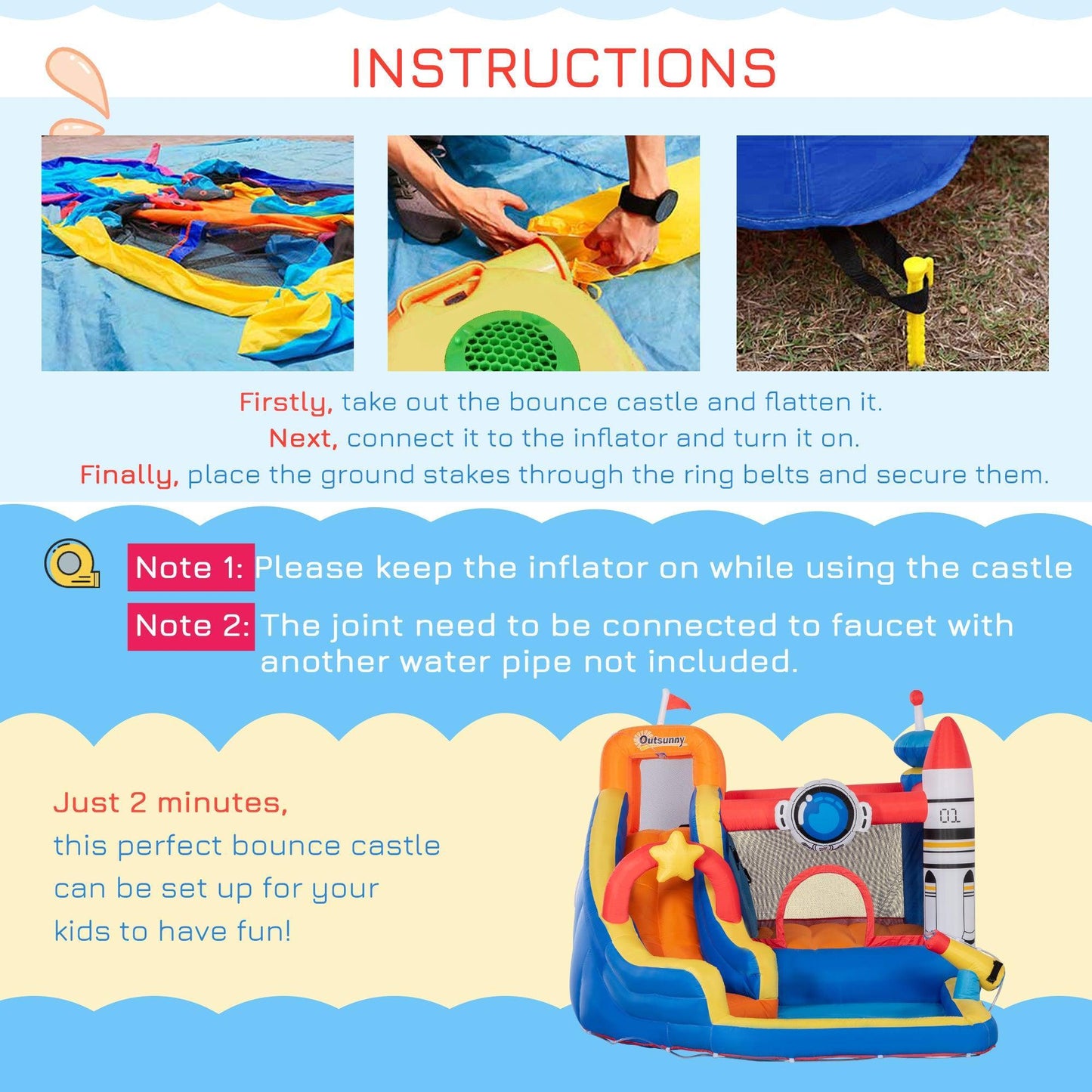 Outsunny Kids Water Slide Bounce Castle with Trampoline - ALL4U RETAILER LTD