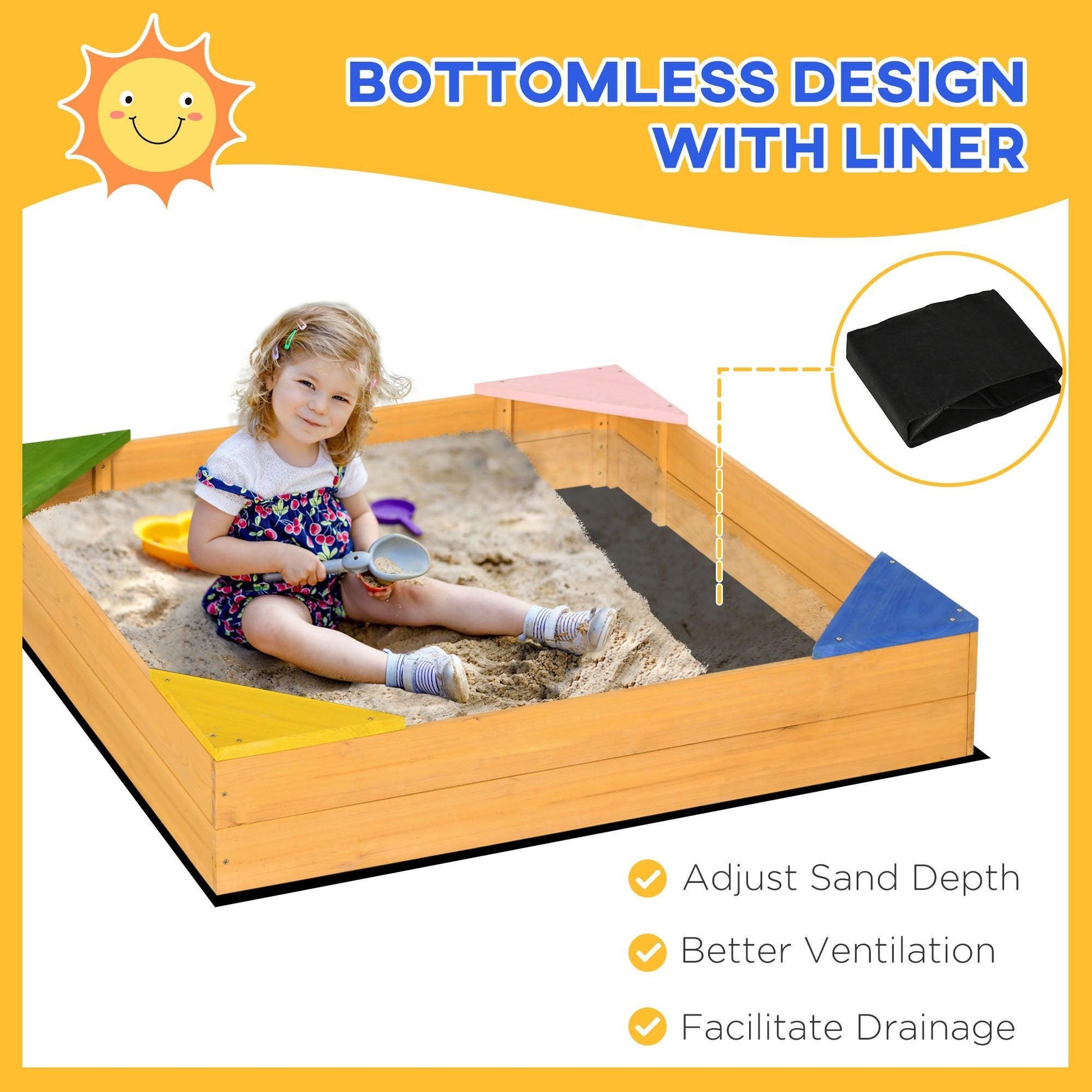 Outsunny Kids Wooden Sand Pit with Seats, Non-Woven Fabric - ALL4U RETAILER LTD