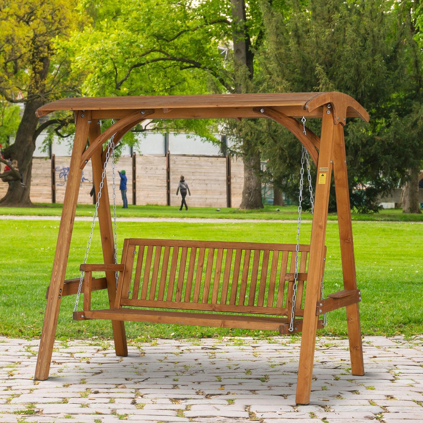 Outsunny Larch Wood Garden Swing Chair Hammock with Canopy - Teak - ALL4U RETAILER LTD