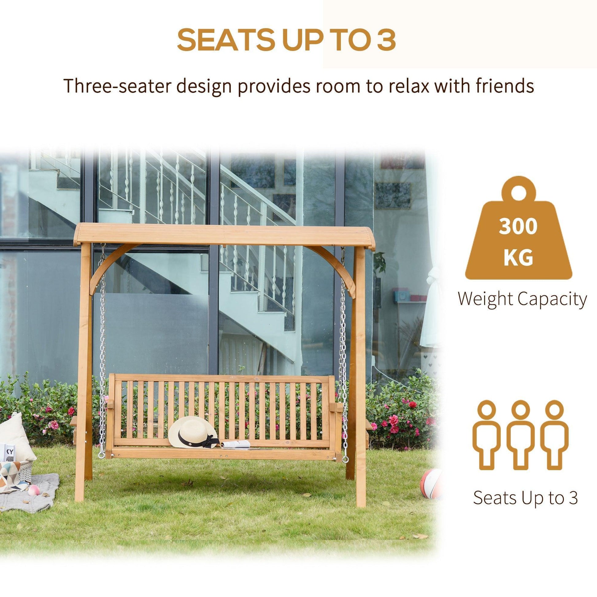 Outsunny Larch Wood Garden Swing Chair Hammock with Canopy - Teak - ALL4U RETAILER LTD