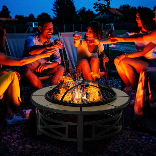 Outsunny Large Fire Pit: Grill, Spark Screen & Poker - ALL4U RETAILER LTD