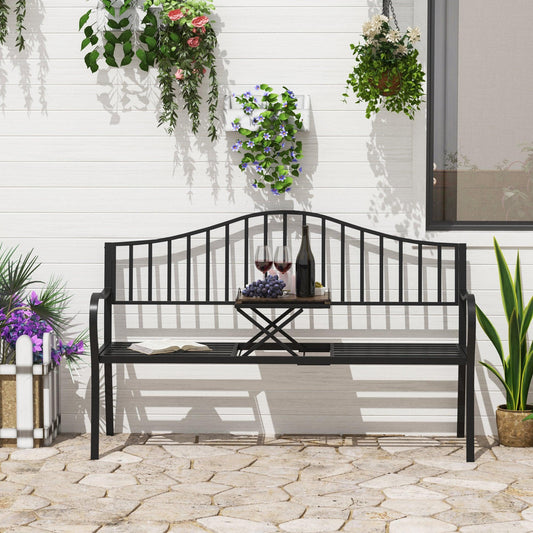 Outsunny Metal Frame Bench with Foldable Table: Park Patio Seating - ALL4U RETAILER LTD