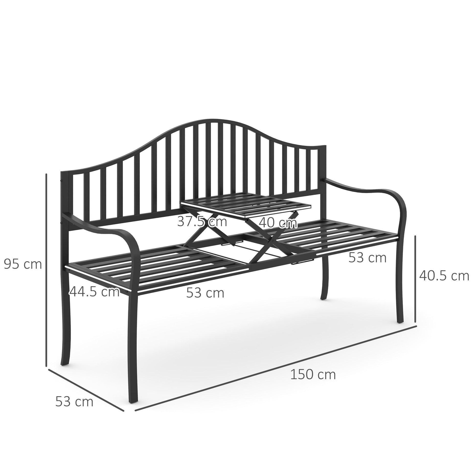 Outsunny Metal Frame Bench with Foldable Table: Park Patio Seating - ALL4U RETAILER LTD