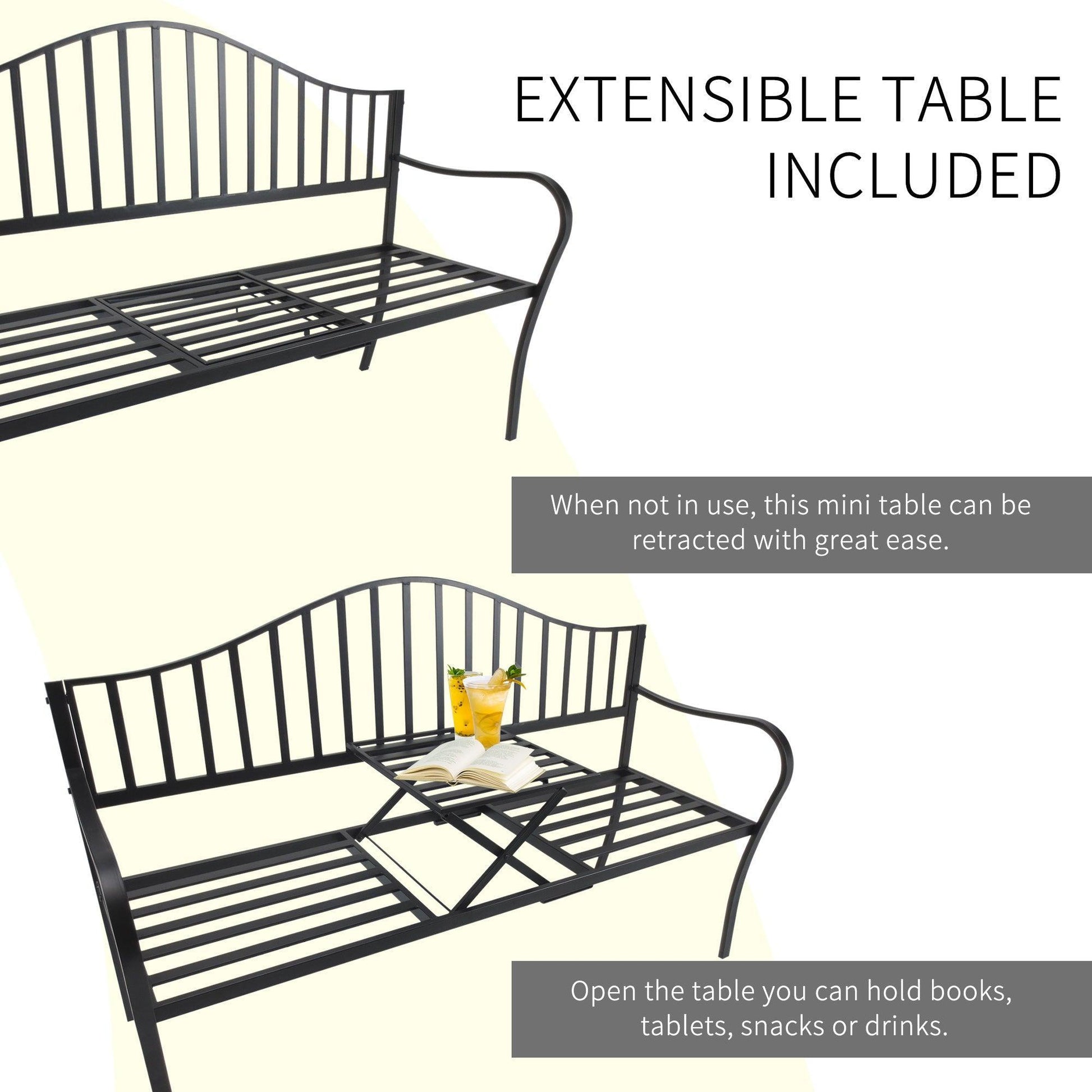 Outsunny Metal Frame Bench with Foldable Table: Park Patio Seating - ALL4U RETAILER LTD