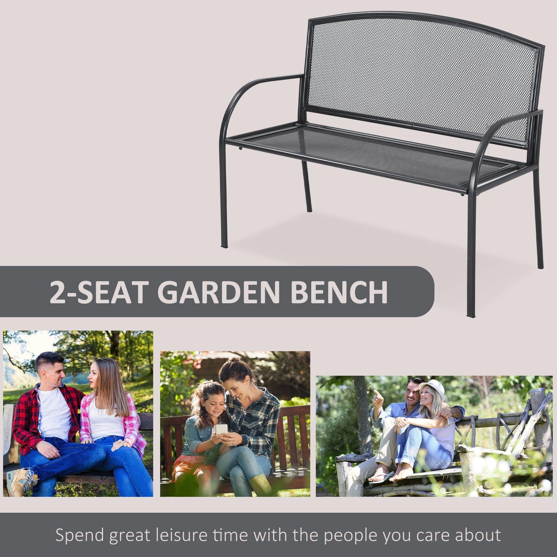 Outsunny Metal Garden Bench: 2 Seater Outdoor Chair, Loveseat - ALL4U RETAILER LTD