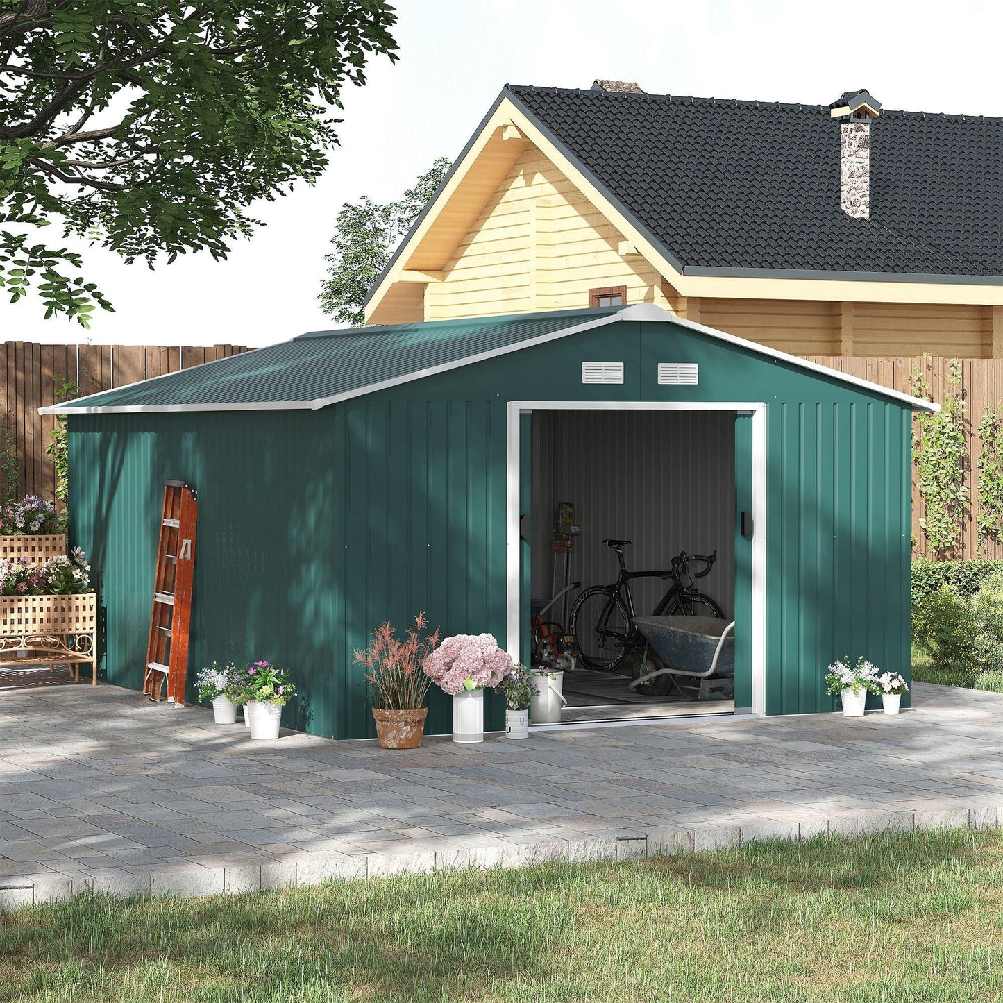 Outsunny Metal Garden Shed with Sliding Door, Deep Green - ALL4U RETAILER LTD