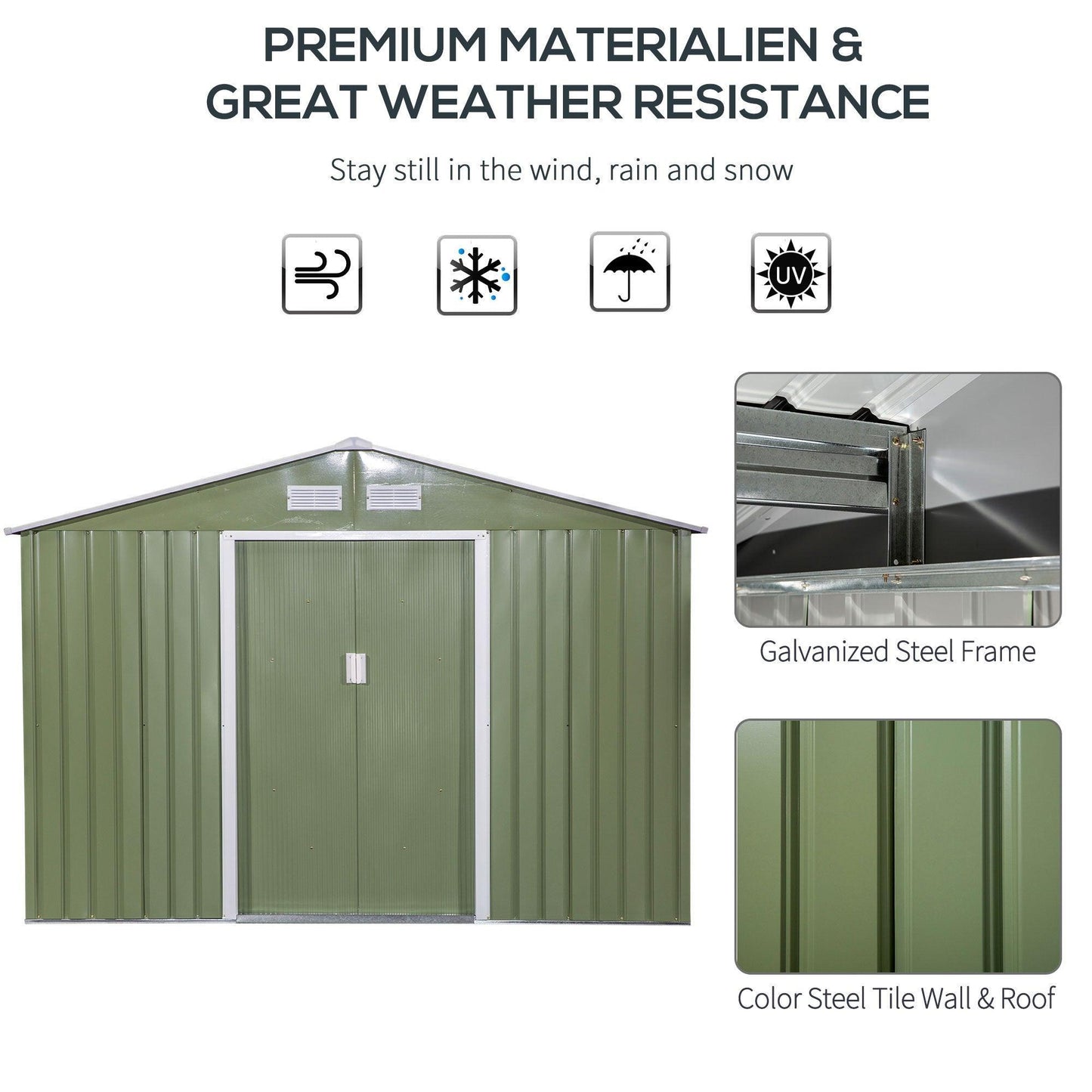 Outsunny Metal Garden Storage Shed with Corrugated Roof - Green - ALL4U RETAILER LTD