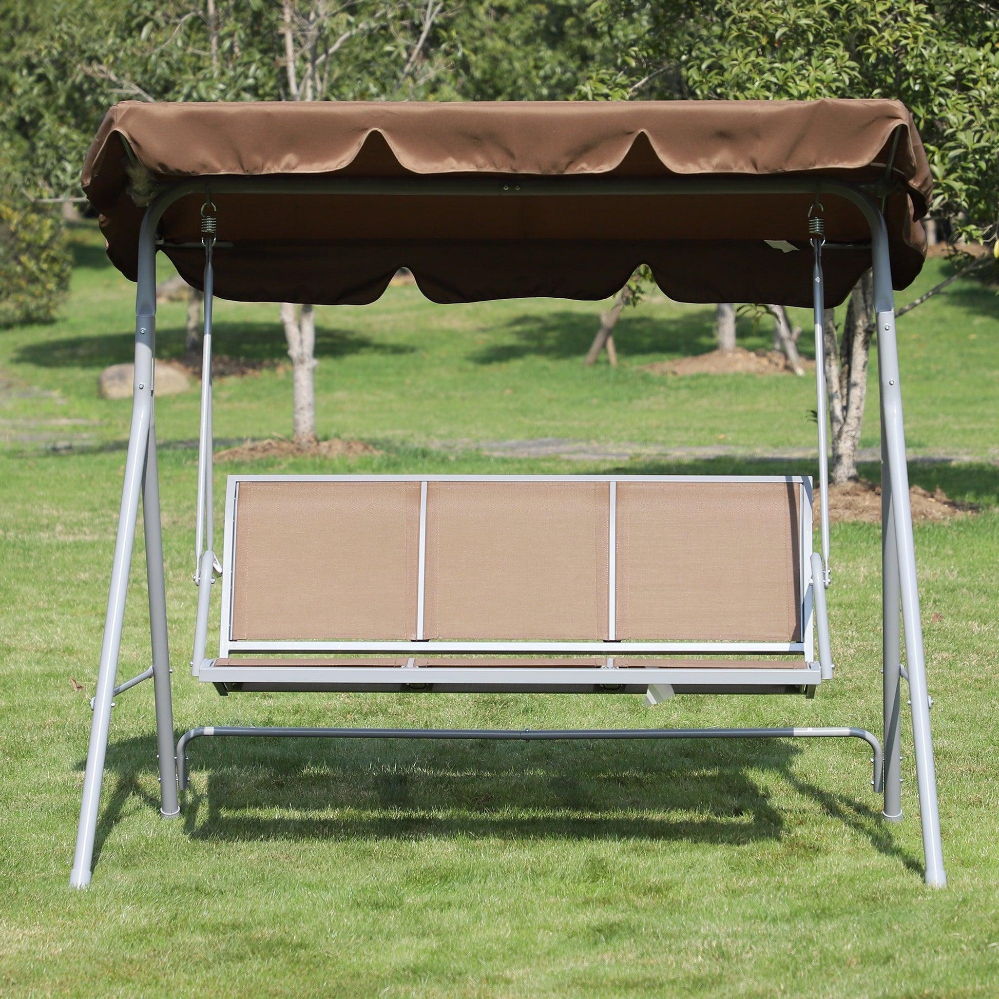 Outsunny Metal Swing Chair Bench 3 Seater Rock Shelter - Brown - ALL4U RETAILER LTD