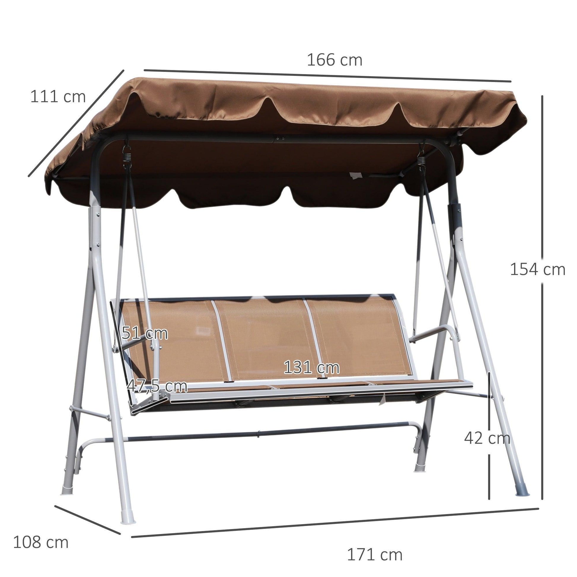 Outsunny Metal Swing Chair Bench 3 Seater Rock Shelter - Brown - ALL4U RETAILER LTD